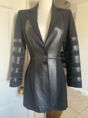 Tomaso Stefanelli Italy Mixed Media Leather & Wool Tailored Coat Jacket 40